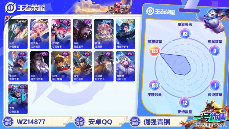 [9114757]V3 1传说 123英雄 153皮肤 可修改实名 刘邦小国标 传说皮：淬星耀世 珍宝阁皮：蔷薇恋人,女武神 限定皮：神威(电光马子),高山流水,五谷丰年,梁祝,李小龙,猪悟能 史诗