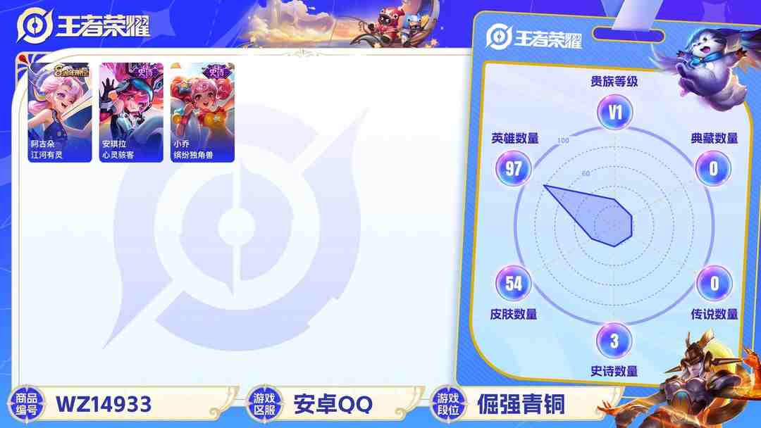 王者荣耀账号安卓QQ[9117251]V1 1传说 97英雄 54皮肤 可修改实名 限定皮：鸣野蒿,梁祝 史诗皮：江河有灵,水果甜心,心灵骇客,功夫厨神,鬼剑武藏,舞动绿茵,缤纷独角兽