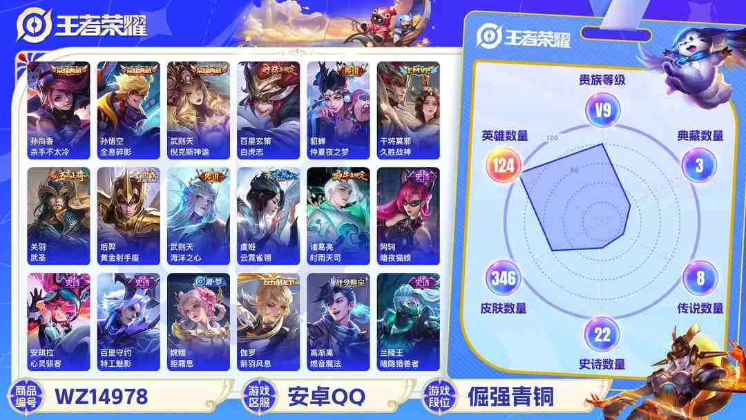 王者荣耀账号安卓QQ[9119068]V9 3典藏 11传说 123英雄 346皮肤 可修改实名 荣耀水晶：全息碎影(猴子典藏),杀手不太冷,倪克斯神谕(宇宙婆娘) 传说皮：黄金射手座,地狱火,仲夏夜之梦(大飞蛾),海