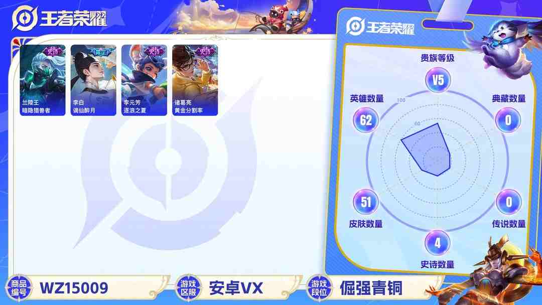 王者荣耀账号安卓VX[9120677]V5 1珍品传说 1传说 62英雄 51皮肤 可修改实名 安全保护中 珍品传说：江户川柯南 限定皮：逐霄战戟,鸣野蒿 史诗皮：谪仙醉月,化蝶舞,龙之律动,黄金分割率,无限星赏官,女