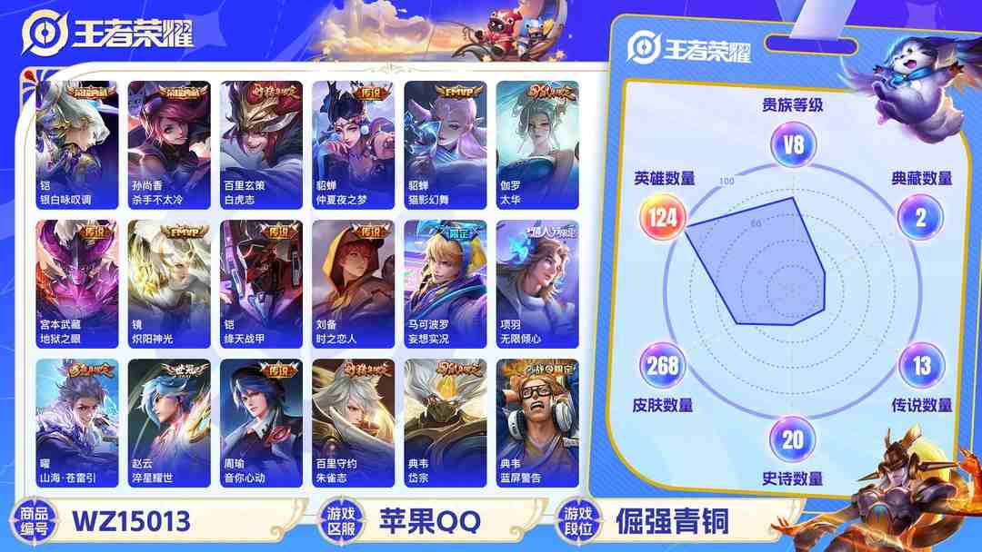 王者荣耀账号苹果QQ1997554-可立即换绑，无需挂单养号 可二次 v8 268皮肤 2典藏 1珍品传说 15传说 1皇冠 银·白咏叹调 杀手不太冷 乘风破浪 怪盗基德 梅西 白虎志 至尊宝 项羽-无限倾心 山海·苍