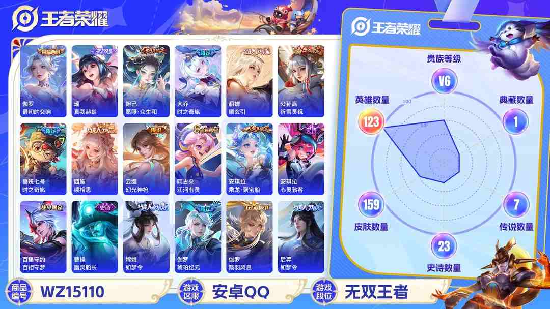 王者荣耀账号安卓QQMWZ100933【女号1典藏1无双8传说v6】安卓Q-159皮肤-123英雄  【无双皮肤】 真我赫兹  【典藏皮肤】 最初的交响  【传说皮肤】 鸣野蒿 时之奇旅 时之奇旅 曦玄引 续相思 幻光