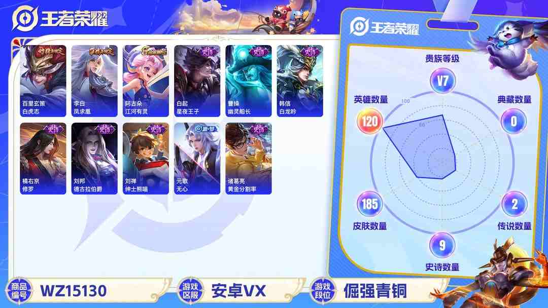 王者荣耀账号安卓VX[9134953]V7 3传说 120英雄 185皮肤 可修改实名 永久社交限制 传说皮：地狱火 珍宝阁皮：女武神 限定皮：白虎志(电光耗子),凤求凰(白切鸡),神威(电光马子),遇见飞天,五谷丰年