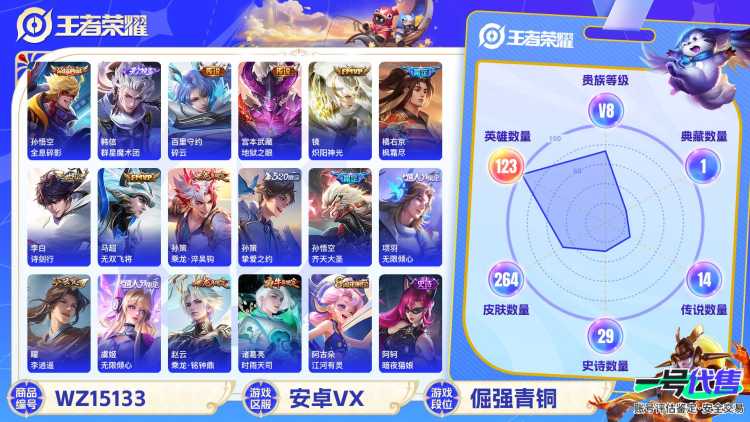 [9135168]V8 1典藏 1无双 21传说 123英雄 264皮肤 可修改实名 荣耀水晶：全息碎影(猴子典藏) 无双皮：韩信群星魔术团(韩信无双) 传说皮：乘龙·铭钟鼎(赵云年限),乘龙·淬吴