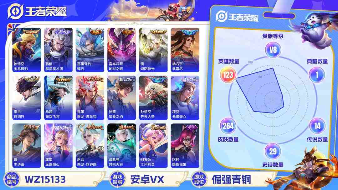 王者荣耀账号安卓VX[9135168]V8 1典藏 1无双 21传说 123英雄 264皮肤 可修改实名 荣耀水晶：全息碎影(猴子典藏) 无双皮：韩信群星魔术团(韩信无双) 传说皮：乘龙·铭钟鼎(赵云年限),乘龙·淬吴