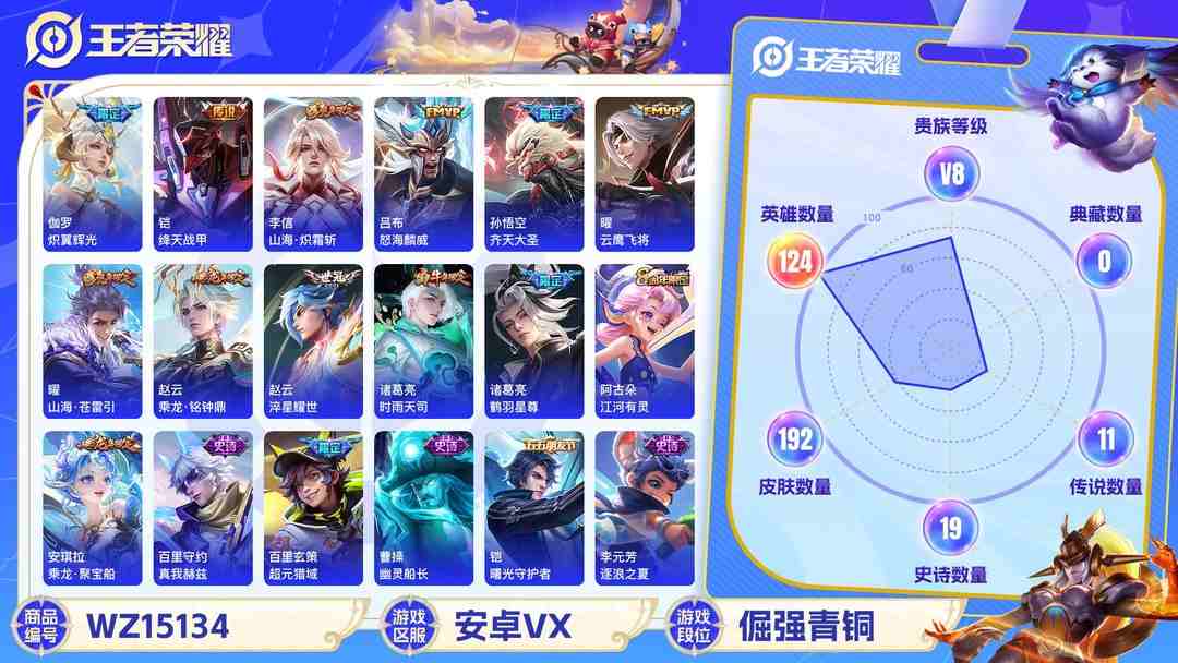 王者荣耀账号安卓VX[9135246]V8 1珍品传说 14传说 124英雄 192皮肤 可修改实名 安全保护中  珍品传说：器灵·落星盏 传说皮：乘龙·铭钟鼎(赵云年限),山海·炽霜斩(李信年限),淬星耀世,云鹰飞将