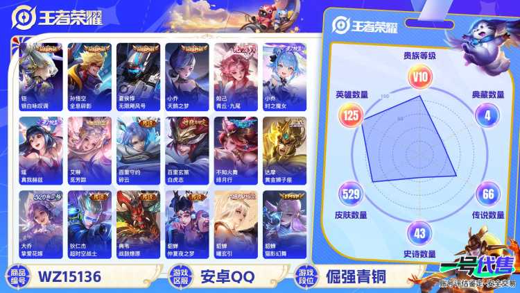 [9135511]无双贵族 4典藏 3无双 3珍品传说 85传说 125英雄 529皮肤 典藏英雄武则天 可修改实名 荣耀水晶：银白咏叹调(倪克斯侍卫),全息碎影(猴子典藏),天鹅之梦(小乔典藏),