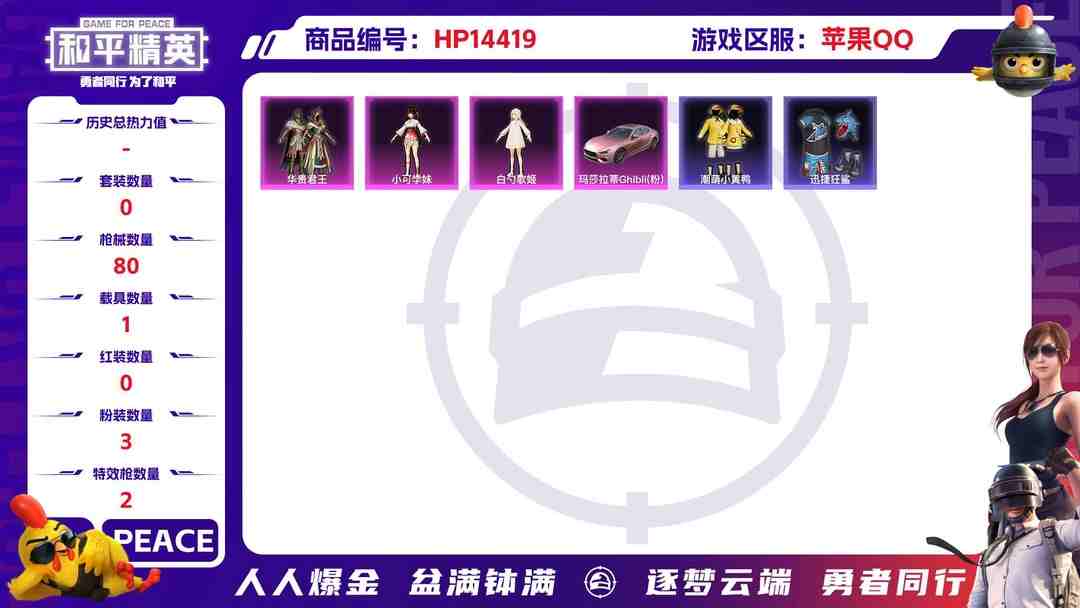 和平精英账号苹果QQ[9136067]3粉装 2特效枪 1载具 5印记 可二次 可修改实名 热门装扮：华贵君王,白勺歌姬(玉足),小可学妹,奇迹天团,潮萌小黄鸭,迅捷狂鲨,好奇恐龙 载具：玛莎拉蒂Ghibli(粉) 稀