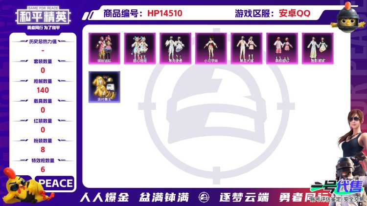 [9141299]8粉装 6特效枪 5印记 可二次 身法装备：舞王派对(派对舞王、小金鞋) 热门装扮：桃粉嫣然,缤纷油彩(猪妹猪脸妹),甜心娃娃,寒光使者,第五大道,飒粉甜心,小可学妹,莲影清波,派