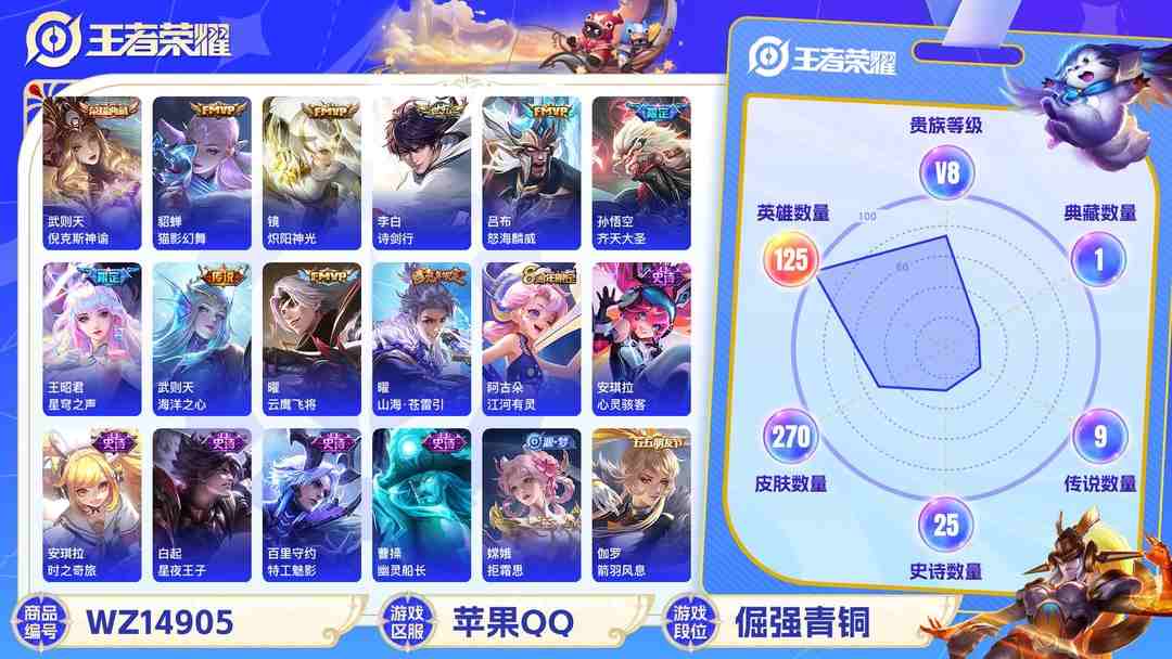 王者荣耀账号苹果QQ[9116602]V8 1典藏 12传说 125英雄 270皮肤 典藏英雄武则天 可修改实名 荣耀水晶：倪克斯神谕(宇宙婆娘) 传说皮：海洋之心,末日机甲-孙尚香(绿蚂蚱),猫影幻舞,云鹰飞将(小将