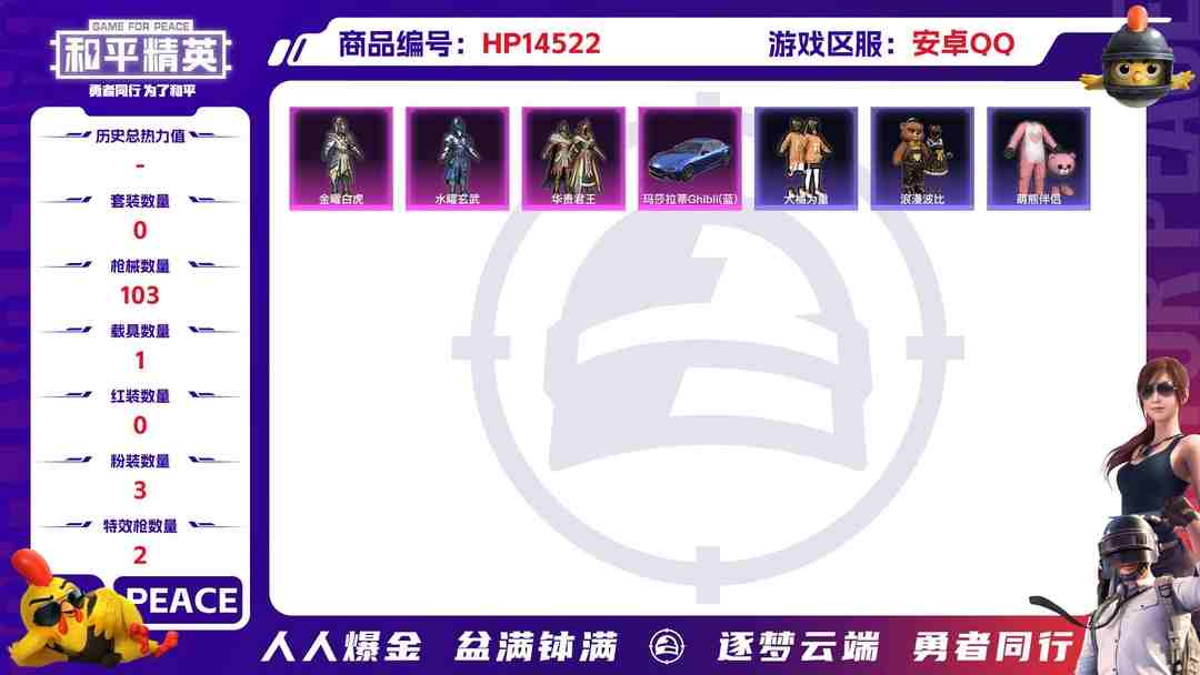 和平精英账号安卓QQ[9141657]3粉装 2特效枪 1载具 2印记 可二次 可修改实名 时装数：547 枪械数：103 战备数：1 热门装扮：金曜白虎,水曜玄武,华贵君王,大橘为重,王子的夏天,万圣娃娃,梦魇先生,