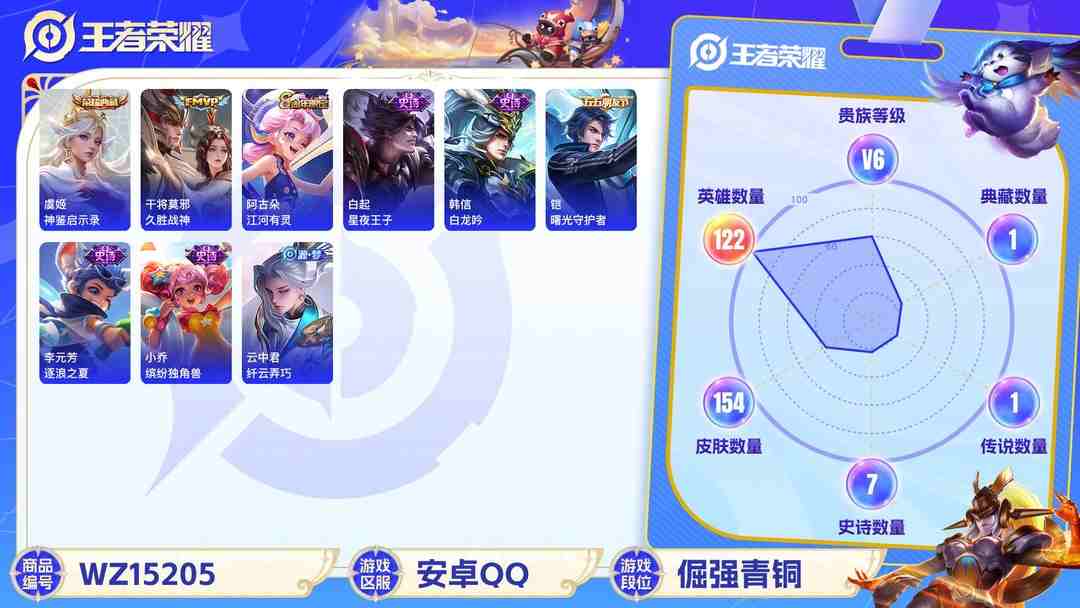 王者荣耀账号安卓QQ[9141833]V6 1典藏 2传说 122英雄 154皮肤 可修改实名 荣耀水晶：神鉴启示录 传说皮：幻光神枪,久胜战神 珍宝阁皮：玩趣恶龙 限定皮：青龙志(铠年限),梁祝,天狼溯光者,李小龙,