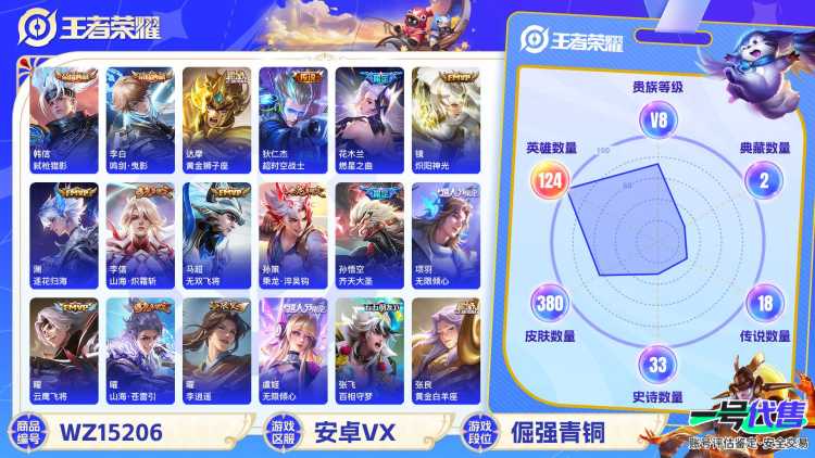 [9141890]V8 2典藏 27传说 124英雄 380皮肤 可修改实名 荣耀水晶：鸣剑·曳影,弑枪猎影(韩信典藏) 传说皮：乘龙·铭钟鼎(赵云年限),乘龙·淬吴钩(孙策年限),星之鸣奏,幻光神