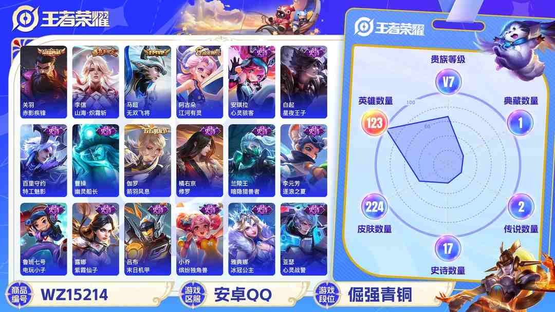 王者荣耀账号安卓QQ[9142314]V7 1典藏 3传说 123英雄 224皮肤 可修改实名 荣耀水晶：赤影疾锋 传说皮：山海·炽霜斩(李信年限),无双飞将 珍宝阁皮：优雅恋人,蔷薇恋人 限定皮：愿照·九州拓(澜年限