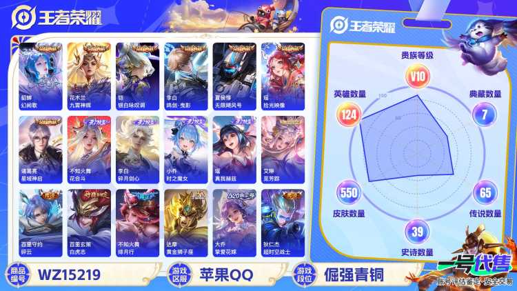 [9142595]无双贵族 7典藏 6无双 5珍品传说 86传说 124英雄 550皮肤 可修改实名 荣耀水晶：拾光映像(瑶典藏),鸣剑·曳影,九霄神辉(木兰典藏),银白咏叹调(倪克斯侍卫),幻阙歌