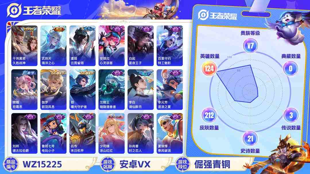 王者荣耀账号安卓VX[9142805]V7 7传说 124英雄 212皮肤 典藏英雄武则天 可修改实名 传说皮：幻光神枪,海洋之心,云霓雀翎,久胜战神 珍宝阁皮：蔷薇恋人 限定皮：愿照·众生和(妲己年限),愿照·千秋盛