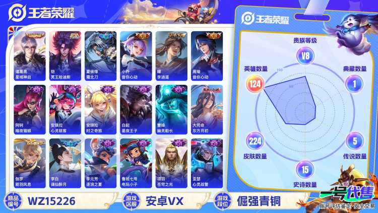 [9143126]V8 1典藏 7传说 124英雄 224皮肤 可修改实名 安全保护中 荣耀水晶：星域神启(倪克斯贼亮) 传说皮：铠冥王哈迪斯,李逍遥,零号·赤焰,音你心动-小乔,音你心动-周瑜 珍