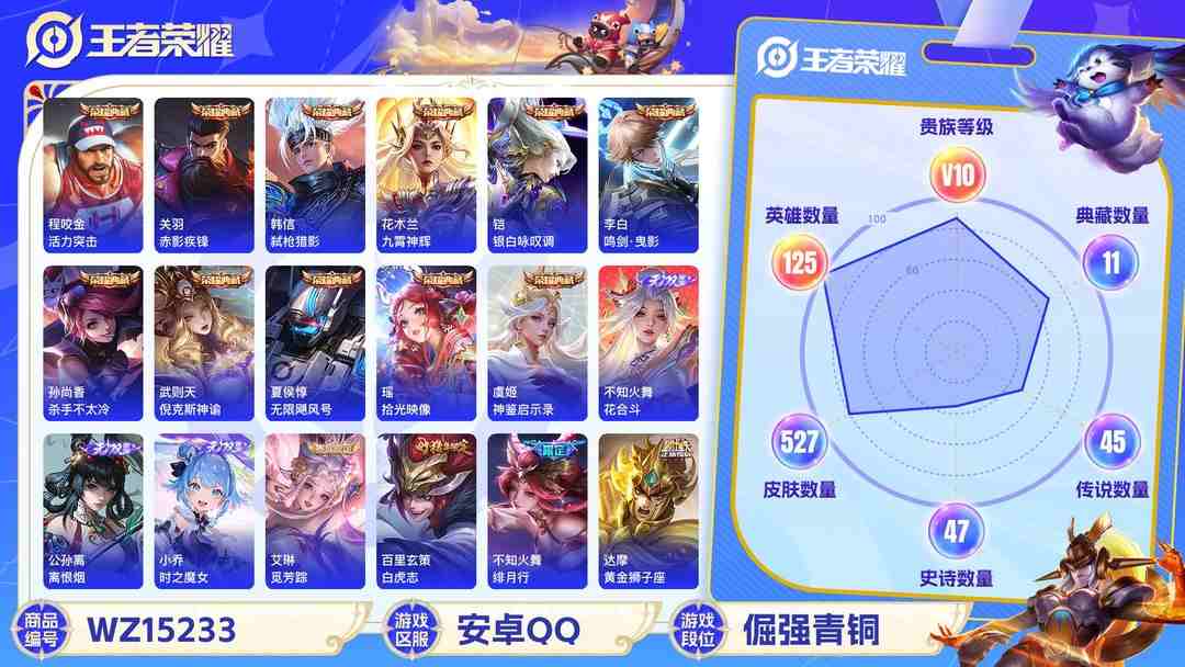 王者荣耀账号安卓QQ[9143295]无双贵族 12典藏 5无双 5珍品传说 63传说 125英雄 527皮肤 典藏英雄武则天 可修改实名 荣耀水晶：最初的交响(伽罗典藏),拾光映像(瑶典藏),神鉴启示录,鸣剑·曳影,