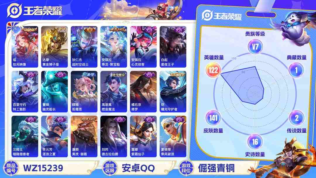 王者荣耀账号安卓QQ[9143403]V7 1典藏 3传说 122英雄 141皮肤 可修改实名 荣耀水晶：拾光映像(瑶典藏) 传说皮：黄金狮子座,超时空战士-狄仁杰 珍宝阁皮：玩趣恶龙 限定皮：异界灵契(白毛香),傲雪