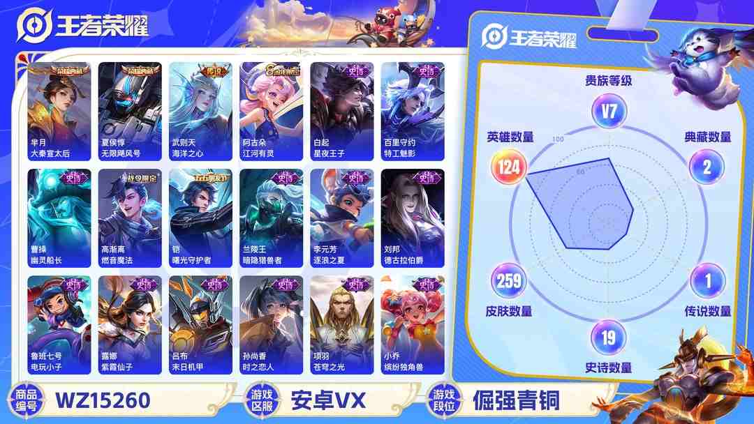 王者荣耀账号安卓VX[9144100]V7 2典藏 2传说 124英雄 259皮肤 典藏英雄武则天 可修改实名 荣耀水晶：无限飓风号(高达),大秦宣太后 传说皮：海洋之心 珍宝阁皮：优雅恋人,女武神 限定皮：鸣野蒿,遇