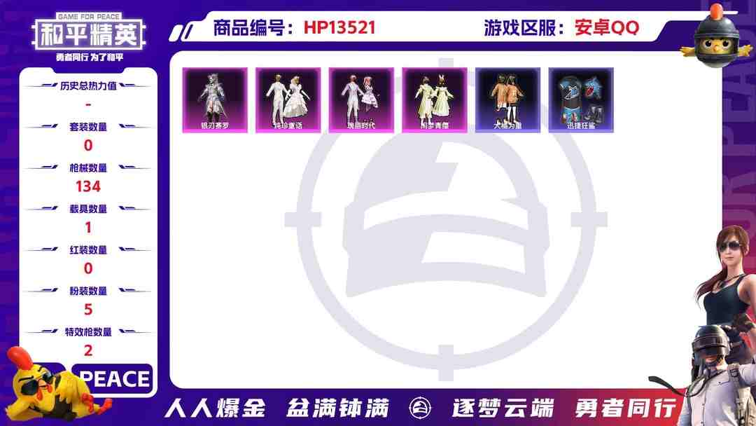 和平精英账号安卓QQ[9082337]5粉装 2特效枪 1载具 6印记 可二次 可修改实名 时装数：621 枪械数：134 战备数：1 热门装扮：银刃赛罗,纯珍童话,瑰丽时代,闲梦青缨,大橘为重,迅捷狂鲨 载具：迈凯伦