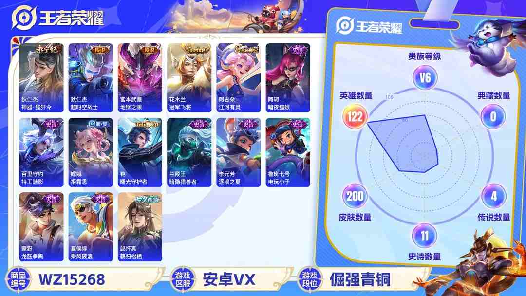王者荣耀账号安卓VX[9144209]V6 7传说 122英雄 200皮肤 可修改实名 永久社交限制 传说皮：地狱之眼,冠军飞将,超时空战士-狄仁杰,神器·狴犴令 珍宝阁皮：万物之道 限定皮：愿照·九州拓(澜年限),愿