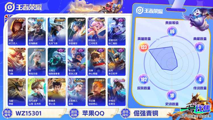 1999905-苹果Q《不用三天-秒换绑》【可二次】V6-123英雄-182皮肤-11王者印记（对抗路47段 省标 万战马超10676战力 万战司空震10218战力 芈月 赵怀真 姬小满）神威 至尊