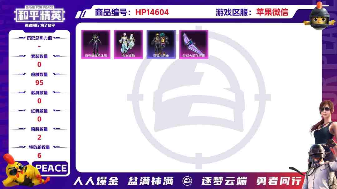 和平精英账号苹果微信[9147034]1红装 2粉装 6特效枪  9印记 可二次 可修改实名 安全保护中  一级精灵之光-露米娜(1级露米娜) 身法装备：初号机款机体服(紫螳螂)  时装数：248 枪械数：95 战备数