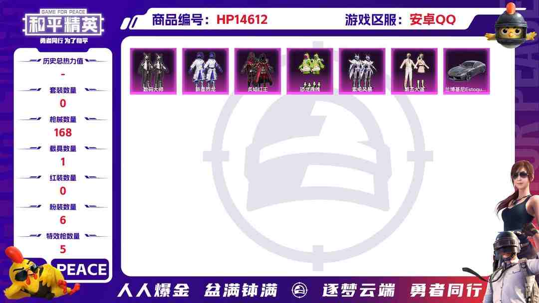 和平精英账号安卓QQ32331 安卓手Q-10王牌印记-6粉装-5特效枪-1载具-54029热力值-109套装-168枪皮-0卓越印记-0传奇印记
【6粉装】,新星烈龙,第五大道,恐龙拽拽,紫电风暴,炙焰红王,数码大