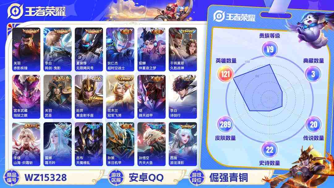 王者荣耀账号安卓QQ[9147736]V9 3典藏 23传说 121英雄 289皮肤 掉绑 不能改二次 不能改密码  荣耀水晶：鸣剑·曳影,赤影疾锋,无限飓风号(高达) 传说皮：游龙清影(小青龙),山海·炽霜斩(李信年