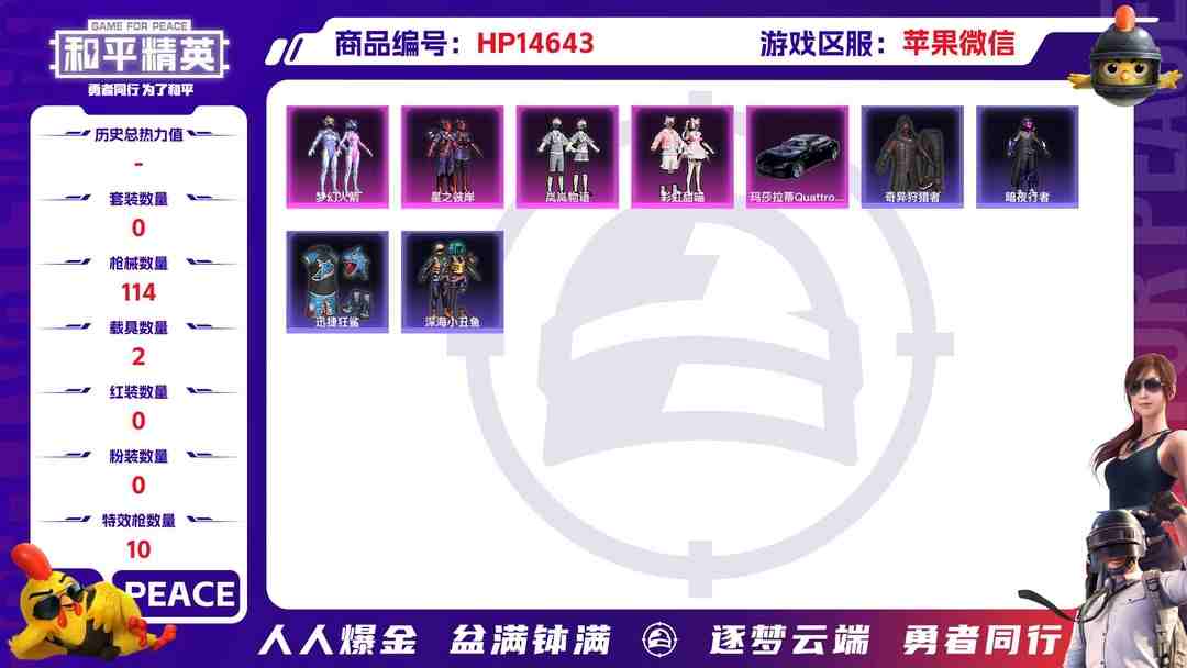和平精英账号苹果微信2000051-9有二次【秒换绑，无需等三天】 苹果V-35022热力值 6王牌印记 历史超级王牌19星 74套装 114枪皮 【2载具】 玛莎拉蒂Q蓝色 护世瑞兽 【4稀有】 奇异狩猎者 AKM-