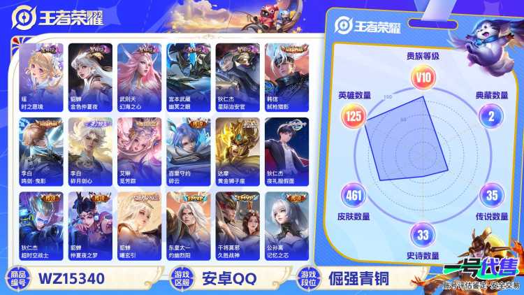 2000074-安卓Q《不用三天-秒换绑》【可二次】V10-125英雄-461皮肤-21王者印记（41传说 李白全皮 吕布全皮 极品女号 玉鸾吟 时之愿境 幻海之心 星际治安官 金色仲夏夜 幽冥之眼