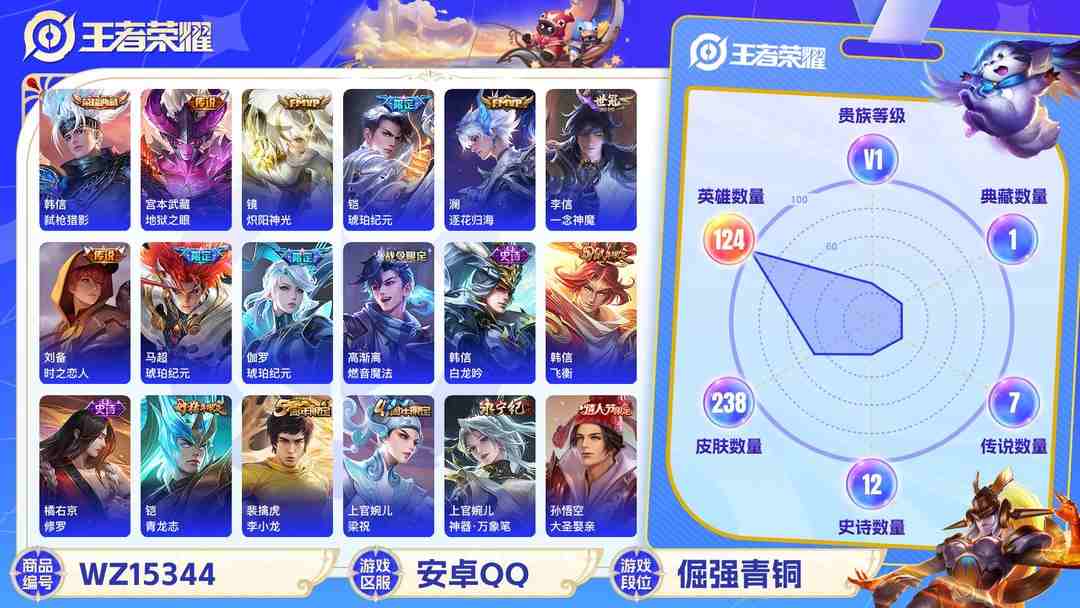 王者荣耀账号安卓QQ2000088-可立即换绑，无需挂单养号 （钱包无法注销 不影响使用）可二次 238皮肤 1典藏 10传说 1星传说 弑枪猎影 乘风破浪 至尊宝 马超-琥珀纪元 凯-琥珀纪元 大圣娶亲 飞衡 青龙志