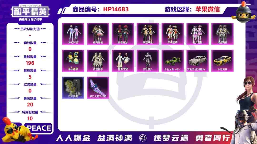 和平精英账号苹果微信32272 苹果微信-12王牌印记-有战神框-20粉装-10特效枪-5载具-76561热力值-126套装-196枪皮-8卓越印记-3传奇印记
【20粉装】,梦幻火箭,放客神游,蝶舞迷情,雪月幻音,