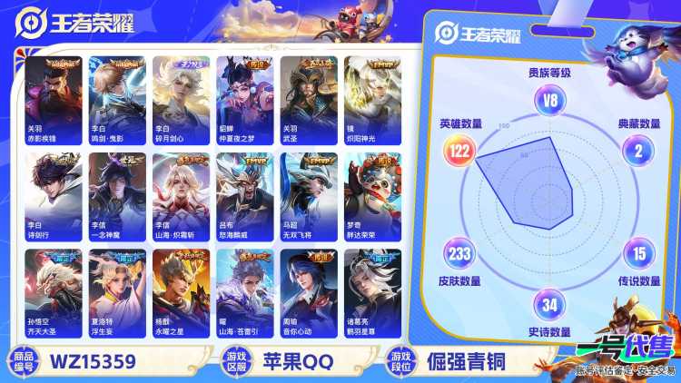 2000195-苹果Q 【可二次】 英雄数量:122 皮肤数量:233 贵族等级:贵族V8 传说数量:17 碎月剑心 鸣剑曳影 赤影疾锋 诗剑行 仲夏夜之梦 永曜之星 一念神魔 无双飞将 山海苍雷引