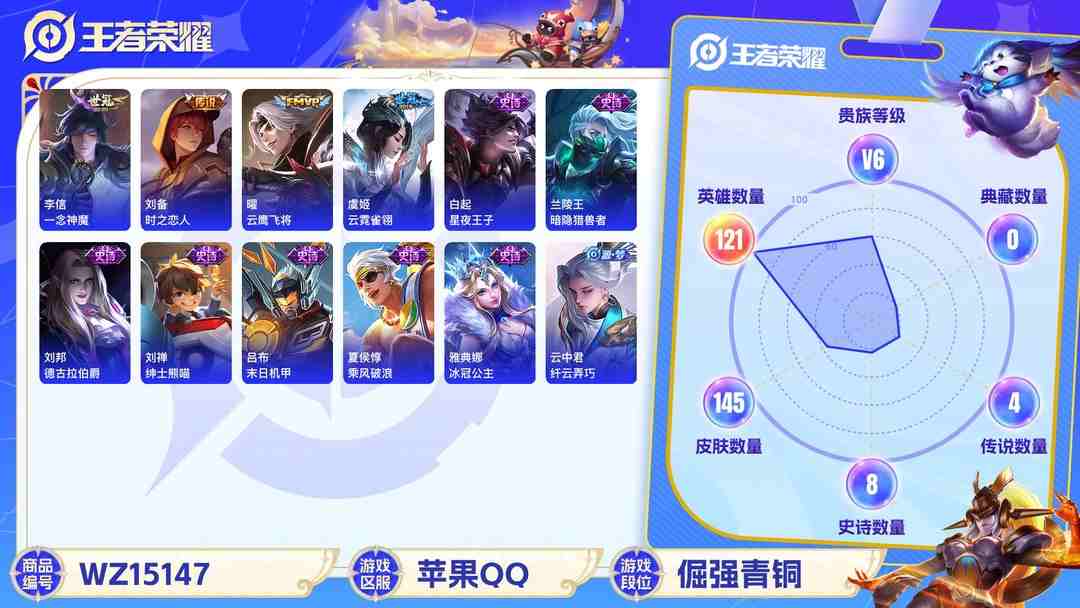 王者荣耀账号苹果QQ[9136477]V6 4传说 121英雄 145皮肤 可修改实名 传说皮：云霓雀翎,一念神魔,云鹰飞将(小将军),时之恋人-刘备(电焊工) 珍宝阁皮：玩趣恶龙 限定皮：五谷丰年,冰霜恋舞曲 史诗皮