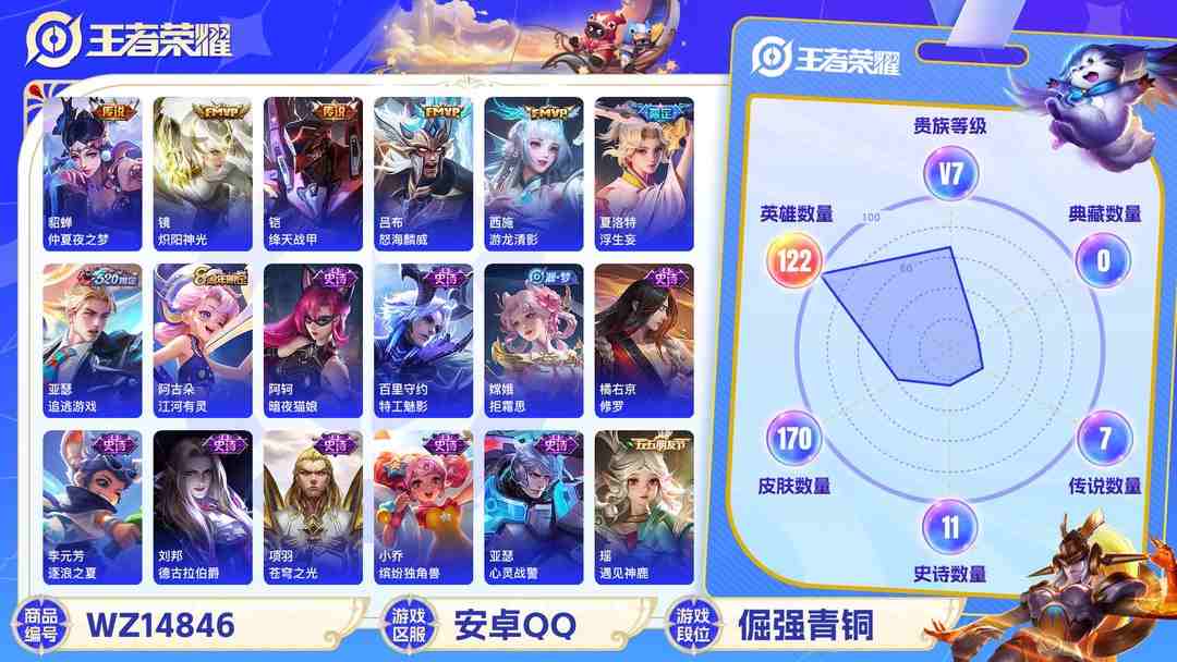 王者荣耀账号安卓QQ[9113552]V7 10传说 122英雄 170皮肤 可修改实名 传说皮：游龙清影(小青龙),仲夏夜之梦(大飞蛾),炽阳神光,乞巧织情,绛天战甲(鸡嘴战神),浮生妄,追逃游戏(亚瑟) 珍宝阁皮：