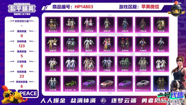 [9160946]23粉装 6特效枪 5载具 10印记 可二次 可修改实名 身法装备：暗影哥特（红眼罩）,沙漠守护者,冥河战士(老木乃伊) 热门装扮：冥河战士(老木乃伊),甜心巧克力,金曜白虎,水曜