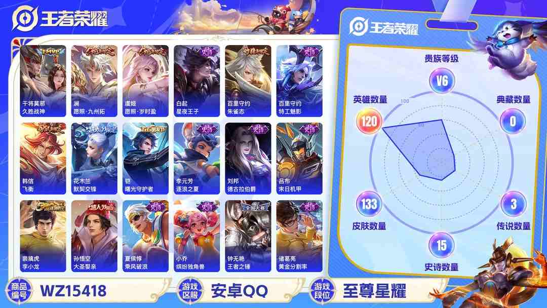 王者荣耀账号安卓QQMWZ97746【5传说V6】安卓Q-133皮肤-120英雄  【传说皮肤】 鸣野蒿 愿照·九州拓 愿照·岁时盈 久胜战神 地狱火  【史诗皮肤】 茶境仙 飞衡 默契交锋 谧流熔炉 大圣娶亲 完美运