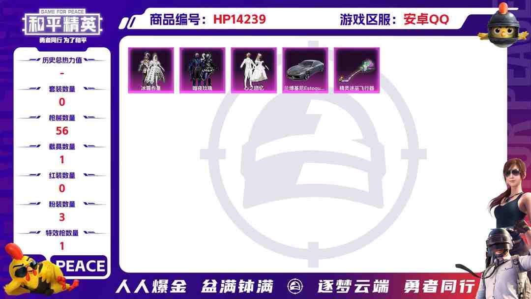 和平精英账号安卓QQ[9116967]3粉装 1特效枪 1载具 2印记 可二次 可修改实名 热门装扮：冰霜白皇,心之回忆,暗夜玫瑰 载具：兰博基尼Estoque(银翼灰) 稀有枪皮：UZI绮梦青鸾 四级特效枪：四级UZ