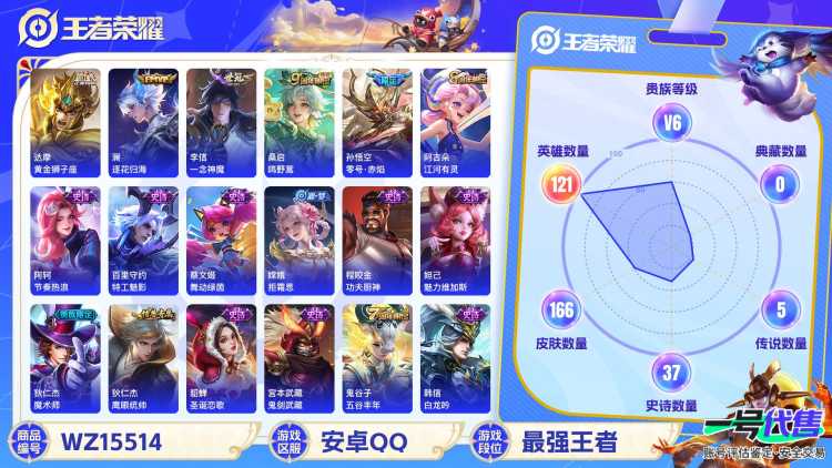 【WZF5565】贵族6/皮肤166/传说5/史诗36/英雄121/艾琳_女武神/达摩_黄金狮子座/李信_一念神魔/孙悟空_零号·赤焰/澜_逐花归海/桑启_鸣野蒿/姜子牙_天穹之誓/狄仁杰_阴阳师/