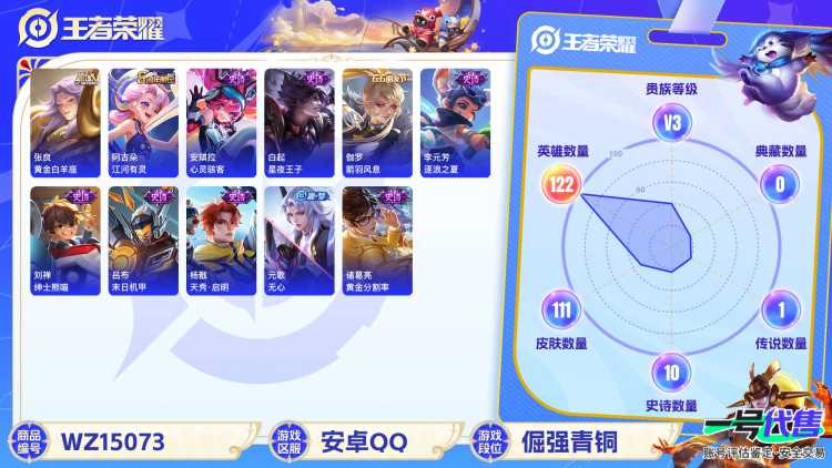 [9127491]V3 3传说 122英雄 111皮肤 可修改实名 传说皮：黄金白羊座 珍宝阁皮：妄想食味 限定皮：愿照·山河定(司空震年限),逐霄战戟,鸣野蒿,游园惊梦 史诗皮：星界战将,黄金分割