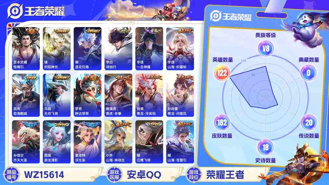 王者荣耀账号安卓QQ[9165621]兔年限定全,龙年限定全,小将军,孙尚香年限,小青龙,澜逐花归海,玉兔公主,瑶年限,白晶晶,至尊宝,马可年限,-可二次-122英雄-182皮肤-22传说-57史诗 炽阳神光-镜 游龙