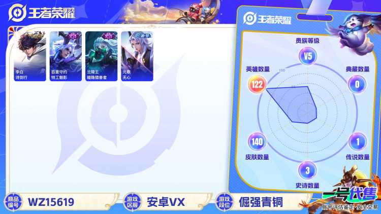 [9165754]V5 1传说 122英雄 140皮肤 可修改实名 安全保护中 珍宝阁皮：胡桃夹子 限定皮：至尊宝,遇见飞天,高山流水,诗剑行,梁祝,李小龙 史诗皮：星界战将,特工魅影,千年之狐,电