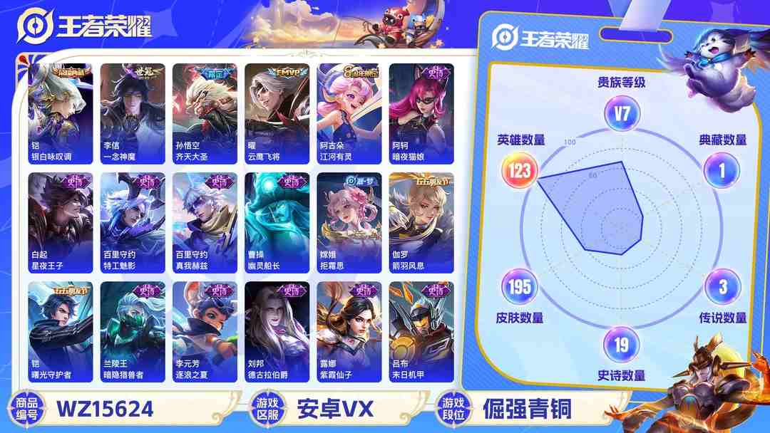 王者荣耀账号安卓VX[9165904]V7 1典藏 5传说 123英雄 195皮肤 可修改实名 社交限制 女号 荣耀水晶：银白咏叹调(倪克斯侍卫) 传说皮：一念神魔,云鹰飞将(小将军) 珍宝阁皮：妄想食味,胡桃夹子 限