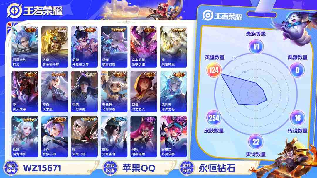 王者荣耀账号苹果QQ[9166652]武则天,小将军,仲夏夜,小青龙,白晶晶,白鹤梁神女,至尊宝,-可二次-124英雄-254皮肤-20传说-73史诗 游龙清影-西施 炽阳神光-镜 凤求凰-李白 冰锋战神-关羽 冰冠公
