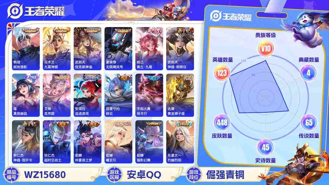 王者荣耀账号安卓QQ[9166820]V10 4典藏 3无双 71传说 123英雄 448皮肤 典藏英雄武则天 可修改实名 荣耀水晶：九霄神辉(木兰典藏),弑枪猎影(韩信典藏),无限飓风号(高达),倪克斯神谕(宇宙婆娘