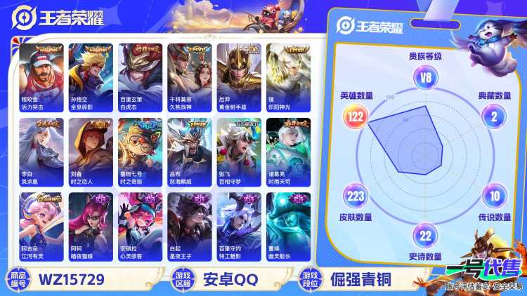 [9170237]V8 3典藏 1无双 2珍品传说 14传说 122英雄 223皮肤 可修改实名 全场禁言至11月26日 荣耀水晶：最初的交响(伽罗典藏),全息碎影(猴子典藏),活力突击 无双皮：雪