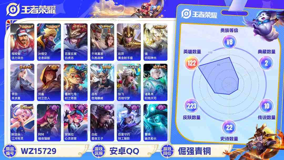 王者荣耀账号安卓QQ[9170237]V8 3典藏 1无双 2珍品传说 14传说 122英雄 223皮肤 可修改实名 全场禁言至11月26日 荣耀水晶：最初的交响(伽罗典藏),全息碎影(猴子典藏),活力突击 无双皮：雪