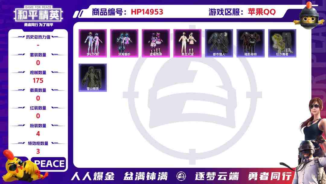 和平精英账号苹果QQXS681【无敌战神框4粉装3特效枪  梦幻火箭 都市猎人 暗影哥特】苹果Q-61014热力值 10王牌印记 历史无敌战神 147套装 175枪皮 【2稀有】 都市猎人 浪漫天命 【4粉装】 梦幻火